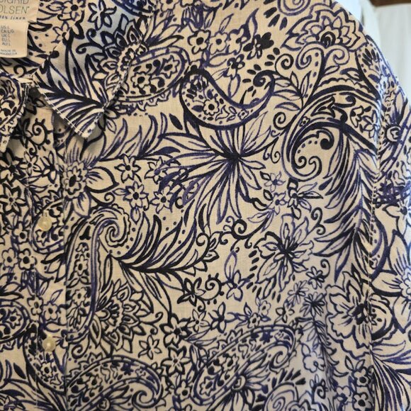 SIGRID OLSEN 100% LINEN TOP SIZE LARGE NAVY WHITE FLORAL PRINT LIGHTWEIGHT - Picture 3 of 7